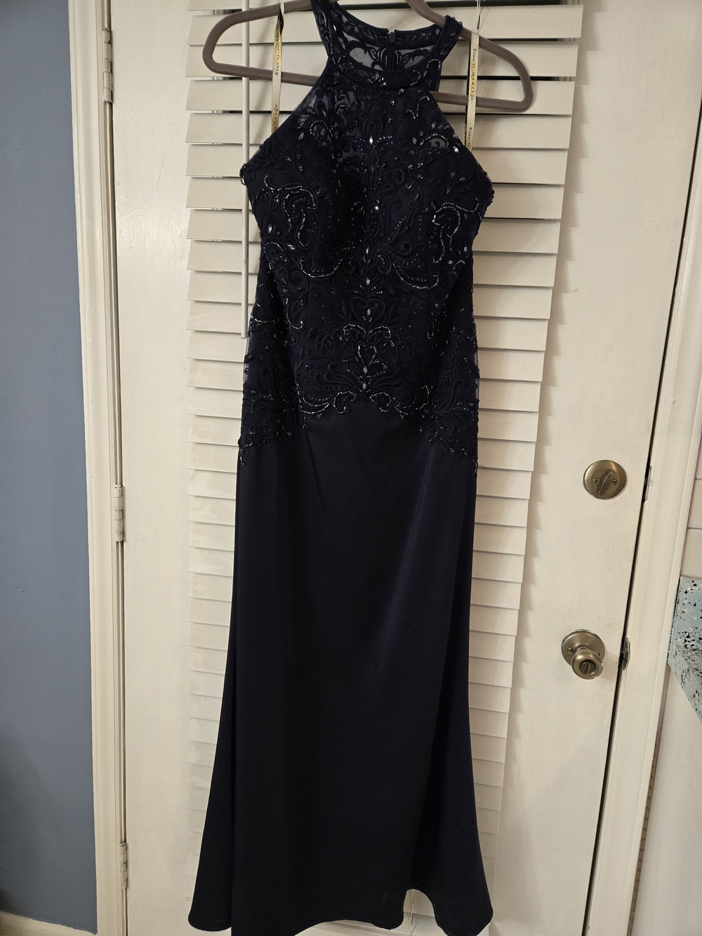 Rina diMontella Navy Beaded High-Neck Prom Gown